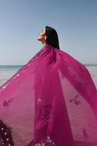 QALAMQAR-3PC LAWN EMBROIDERED SHIRT WITH KHAADI NET SILK EMBROIDERED BORDER DUPATTA AND TROUSER-BIC-4835