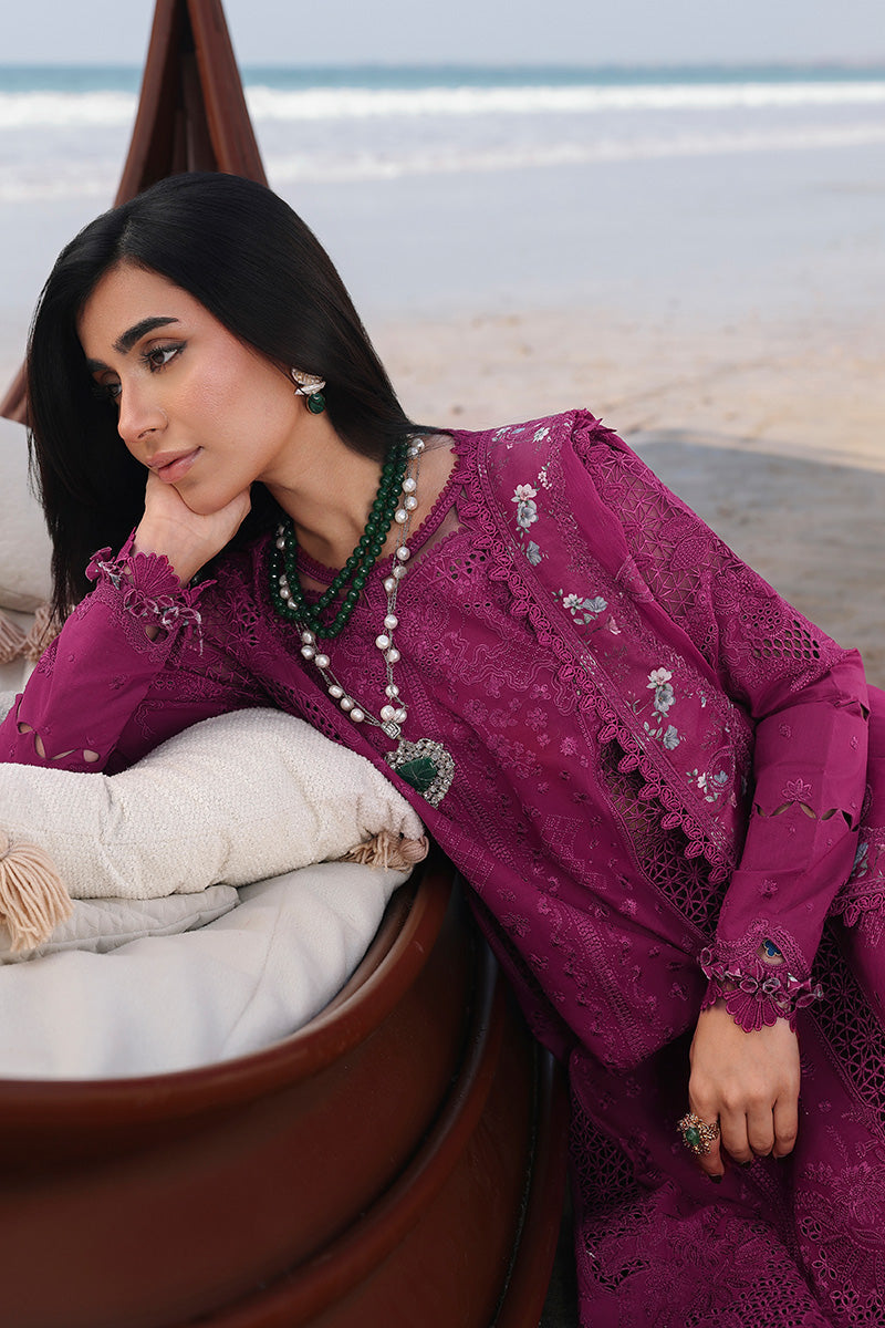QALAMQAR-3PC LAWN EMBROIDERED SHIRT WITH KHAADI NET SILK EMBROIDERED BORDER DUPATTA AND TROUSER-BIC-4835