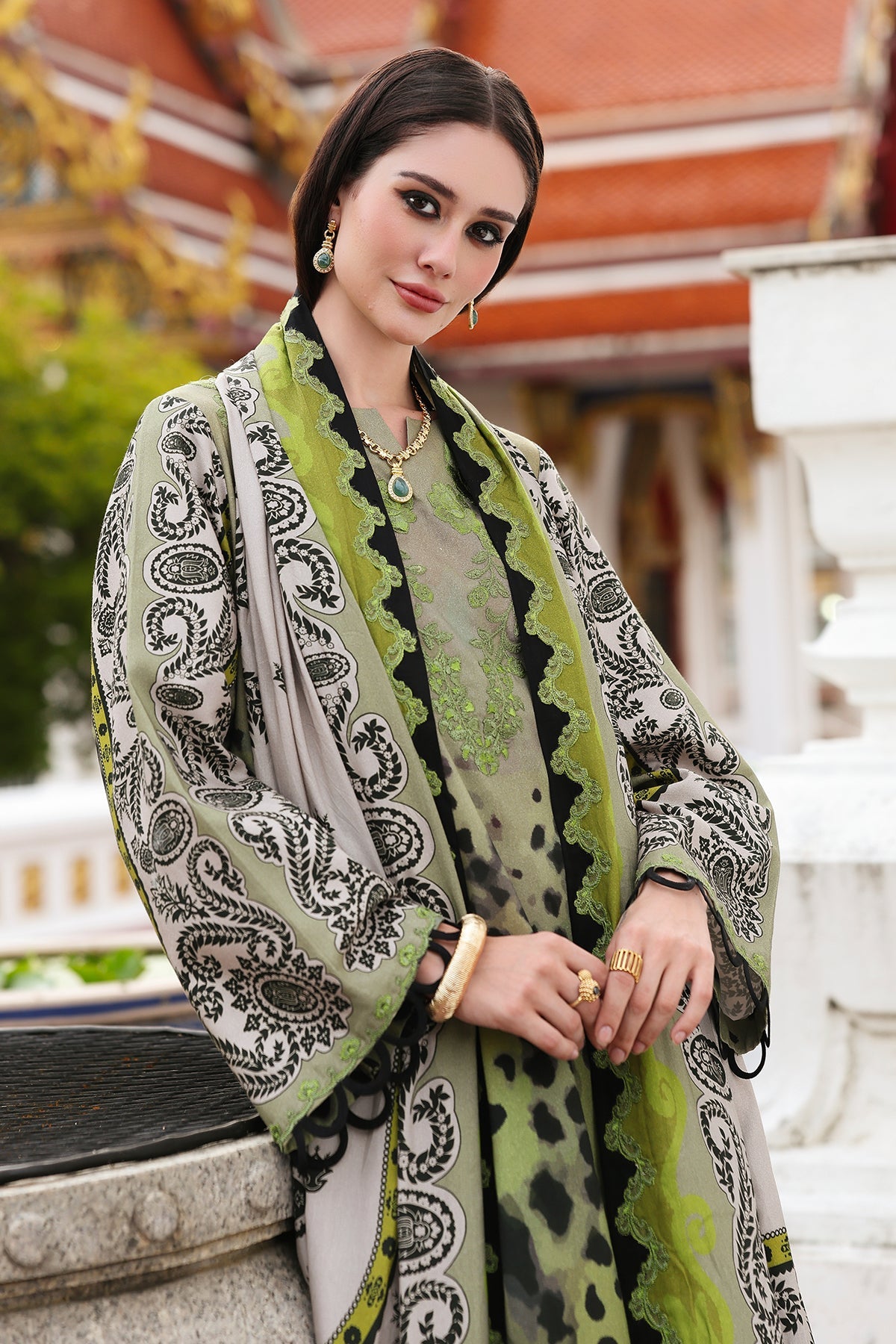CHARIZMA-3PC KHADDAR PRINTED EMB SHIRT WITH KHADDAR PRINTED DUPATTA AND PRINT TROUSER-BIC-
