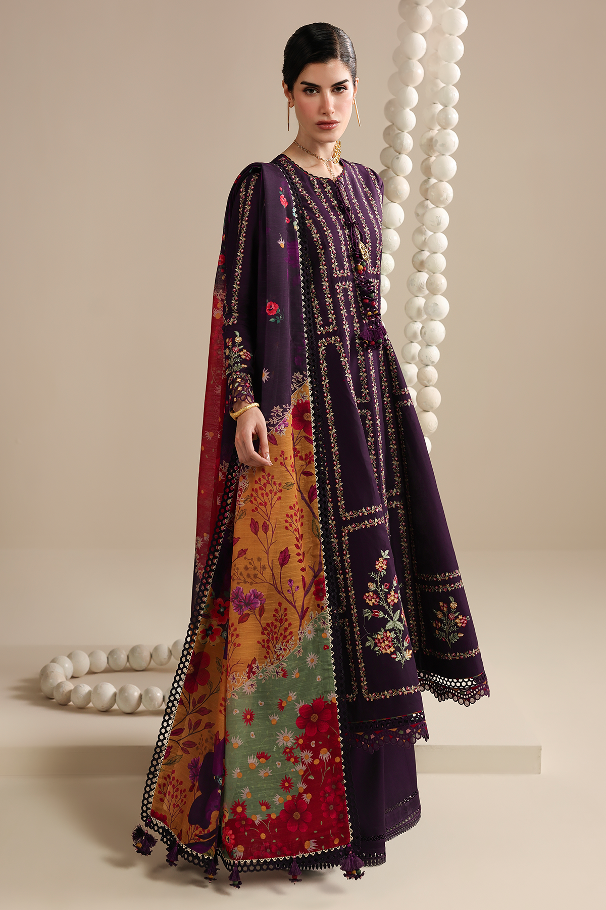 JAZMIN-3PC LAWN EMBROIDERED SHIRT WITH SILK PRINTED DUPATTA AND TROUSER-BIC-4897