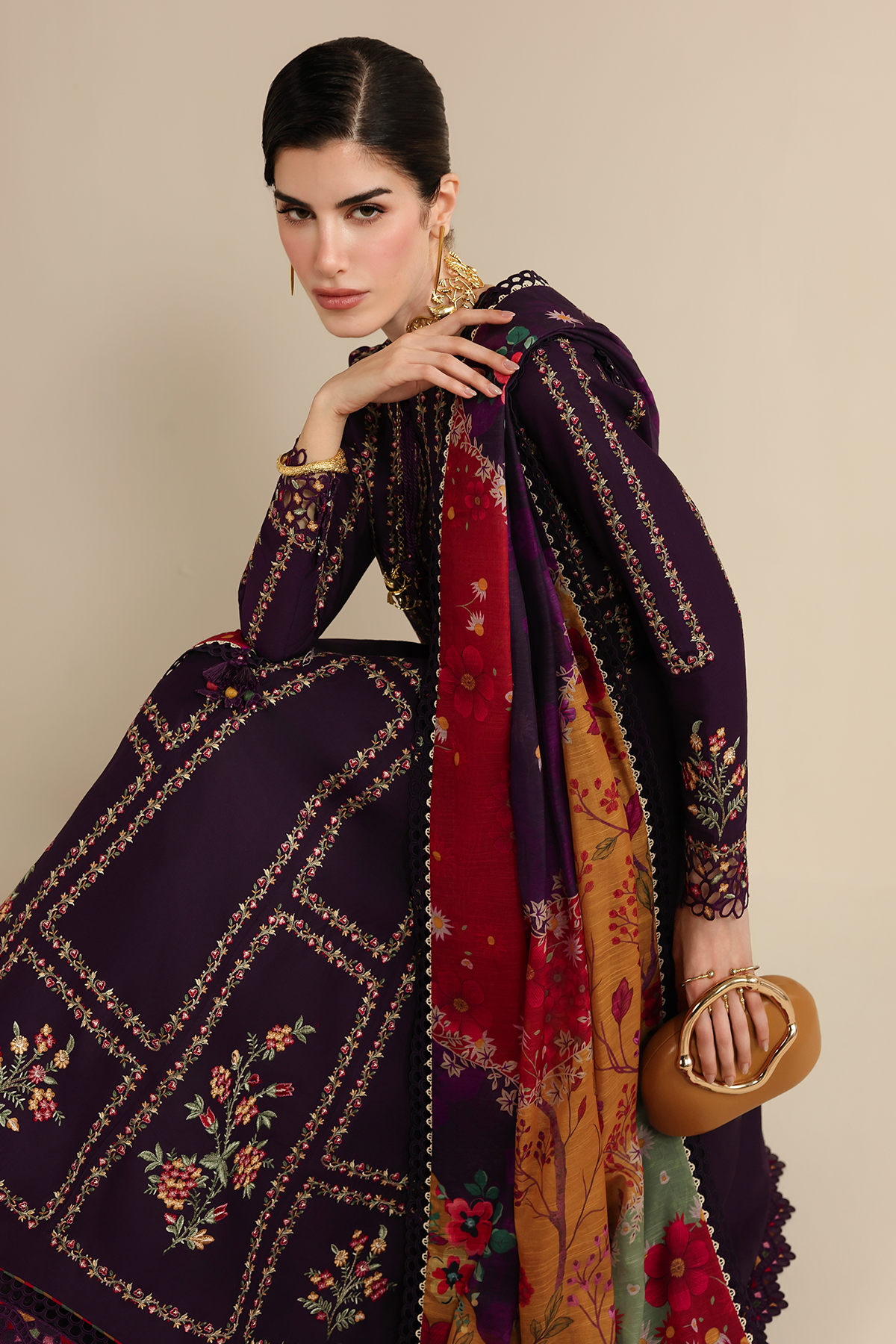JAZMIN-3PC LAWN EMBROIDERED SHIRT WITH SILK PRINTED DUPATTA AND TROUSER-BIC-4897