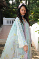 QALAMQAR-3PC LAWN PRINTED EMB SHIRT WITH SILK PRINTED DUPATTA AND TROUSER-BIC-042