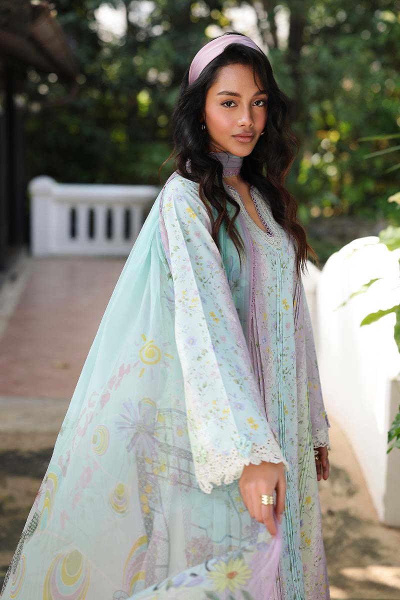 QALAMQAR-3PC LAWN PRINTED EMB SHIRT WITH SILK PRINTED DUPATTA AND TROUSER-BIC-042