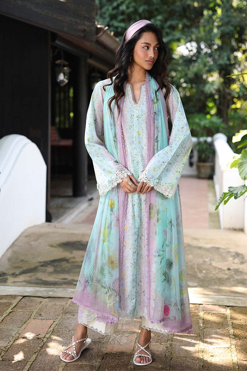 QALAMQAR-3PC LAWN PRINTED EMB SHIRT WITH SILK PRINTED DUPATTA AND TROUSER-BIC-042