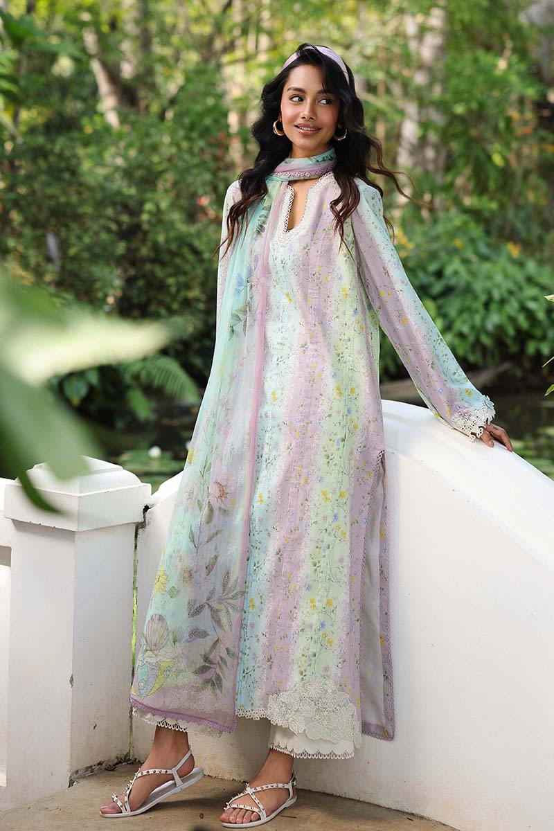 QALAMQAR-3PC LAWN PRINTED EMB SHIRT WITH SILK PRINTED DUPATTA AND TROUSER-BIC-042
