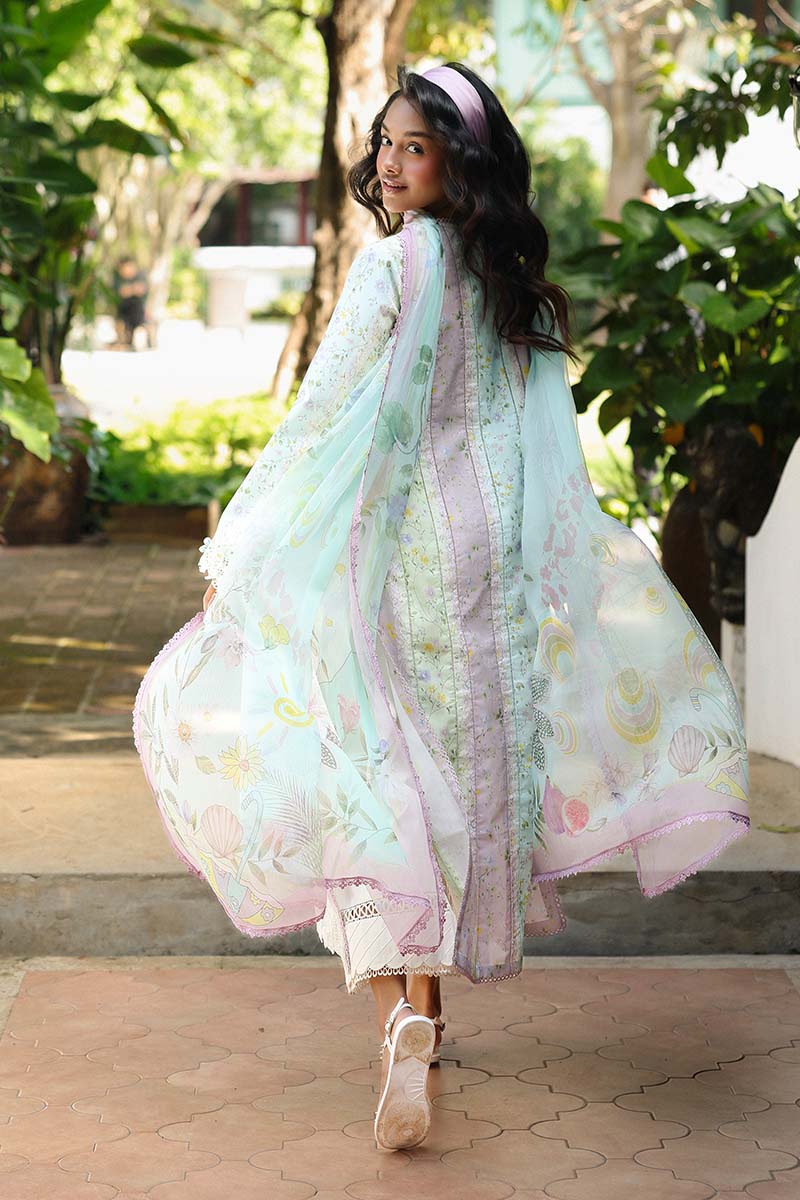 QALAMQAR-3PC LAWN PRINTED EMB SHIRT WITH SILK PRINTED DUPATTA AND TROUSER-BIC-042