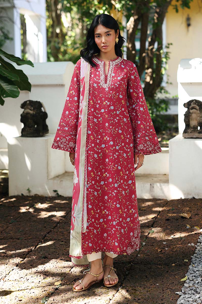 QALAMQAR-3PC LAWN EMBROIDERED PRINTED SHIRT WITH SILK PRINT DUPATTA AND TROUSER-051