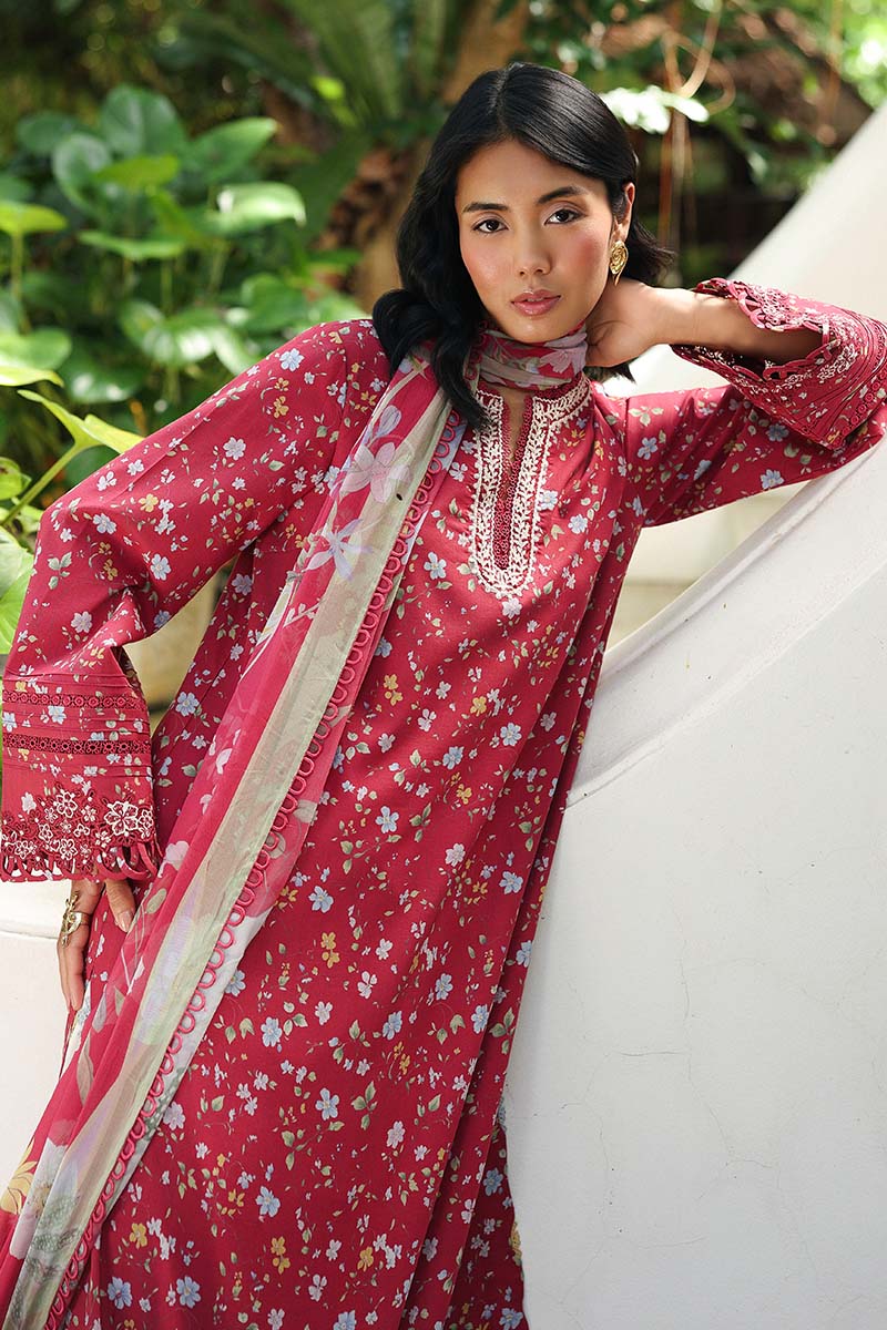 QALAMQAR-3PC LAWN EMBROIDERED PRINTED SHIRT WITH SILK PRINT DUPATTA AND TROUSER-051