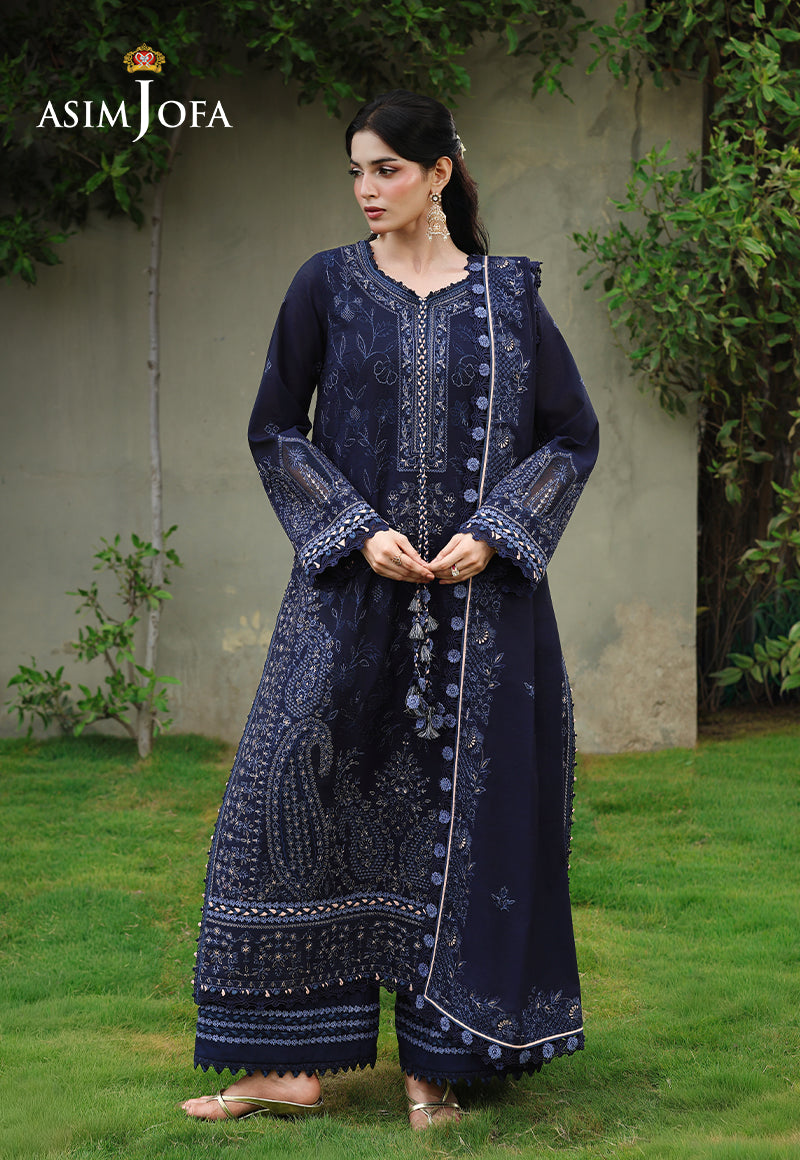ASIM JOFA-3PC DHANAK EMBROIDERED SHIRT WITH DHANAK EMBROIDERED SHAWL AND EMB TROUSER-BIC-5183