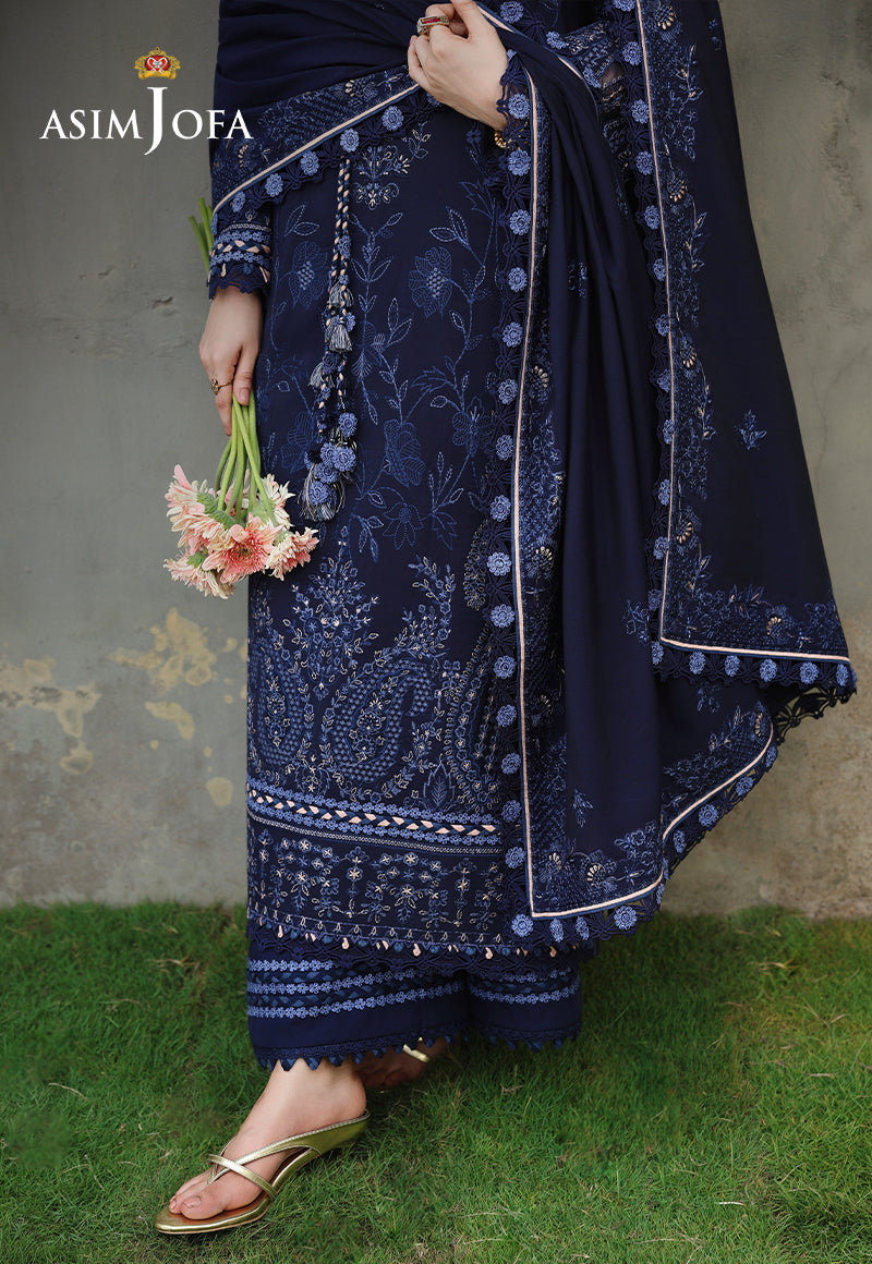 ASIM JOFA-3PC DHANAK EMBROIDERED SHIRT WITH DHANAK EMBROIDERED SHAWL AND EMB TROUSER-BIC-5183