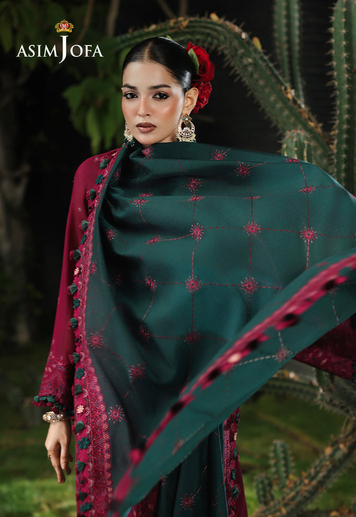ASIM JOFA-3PC KARANDI EMBROIDERED SHIRT WITH KARANDI EMB SHAWL AND TROUSER-BIC-5235