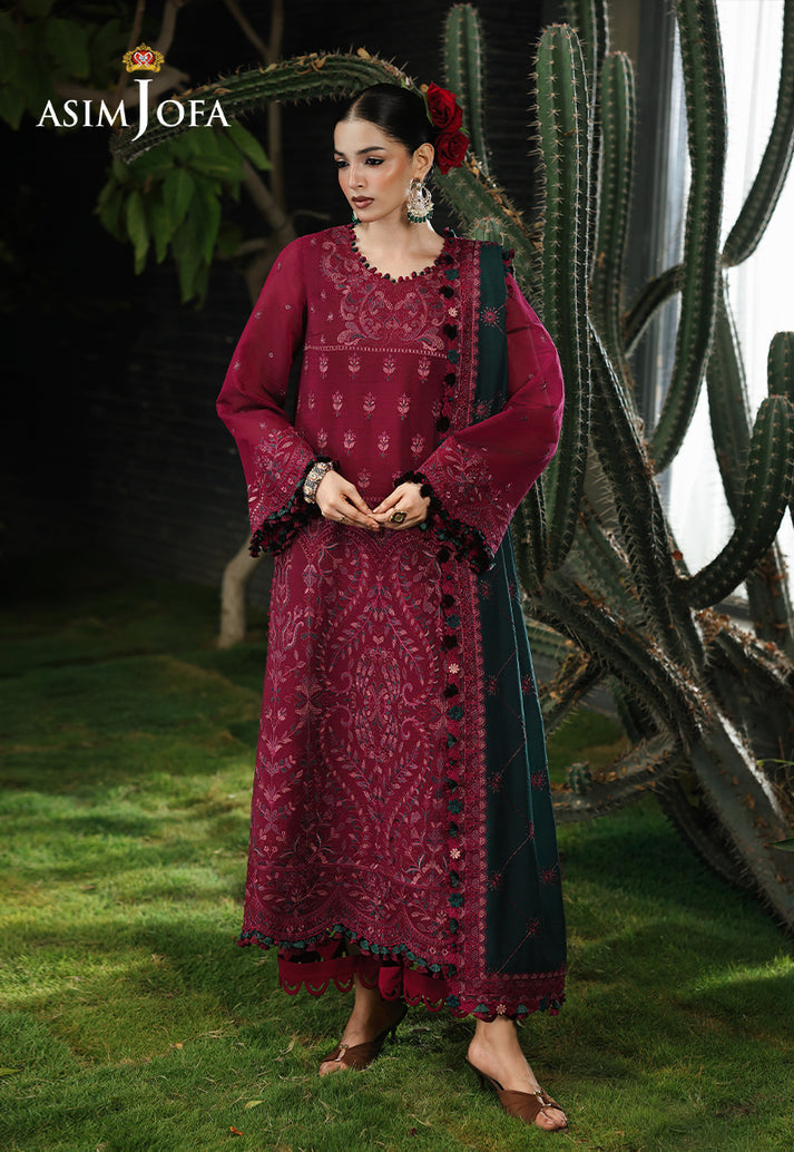 ASIM JOFA-3PC KARANDI EMBROIDERED SHIRT WITH KARANDI EMB SHAWL AND TROUSER-BIC-5235