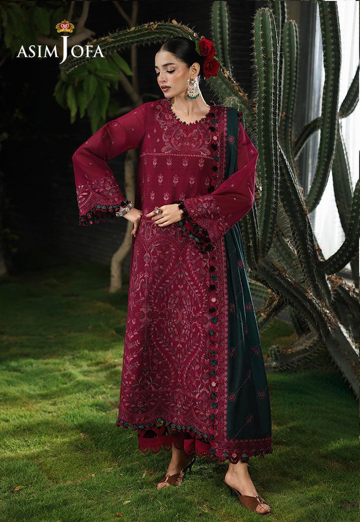ASIM JOFA-3PC KARANDI EMBROIDERED SHIRT WITH KARANDI EMB SHAWL AND TROUSER-BIC-5235