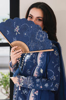 QALAMQAR-3PC LAWN CHIKAN EMBROIDERED SHIRT WITH KHAADI NET EMBROIDERED DUPATTA AND EMB TROUSER -4758