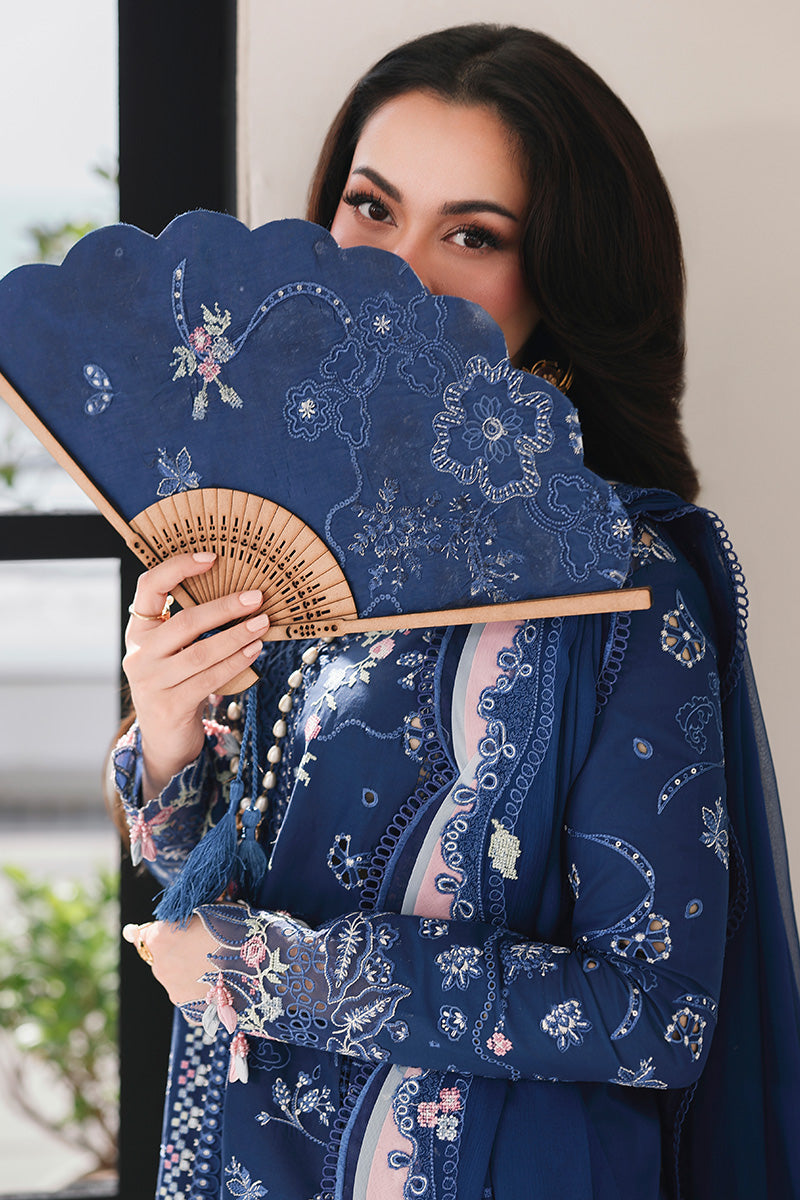 QALAMQAR-3PC LAWN CHIKAN EMBROIDERED SHIRT WITH KHAADI NET EMBROIDERED DUPATTA AND EMB TROUSER -4758