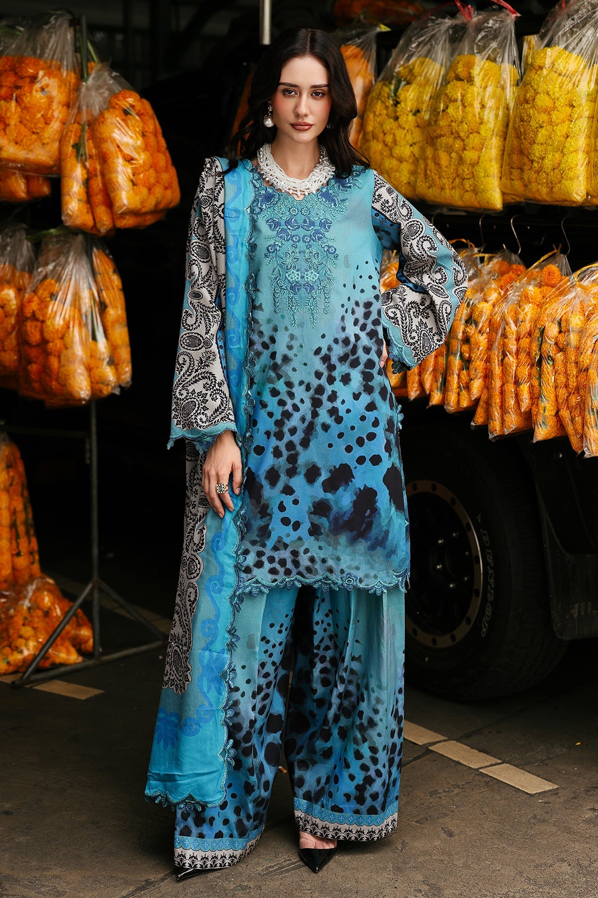 CHARIZMA-3PC KHADDAR PRINTED EMB SHIRT WITH KHADDAR PRINTED DUPATTA AND PRINT TROUSER-BIC-