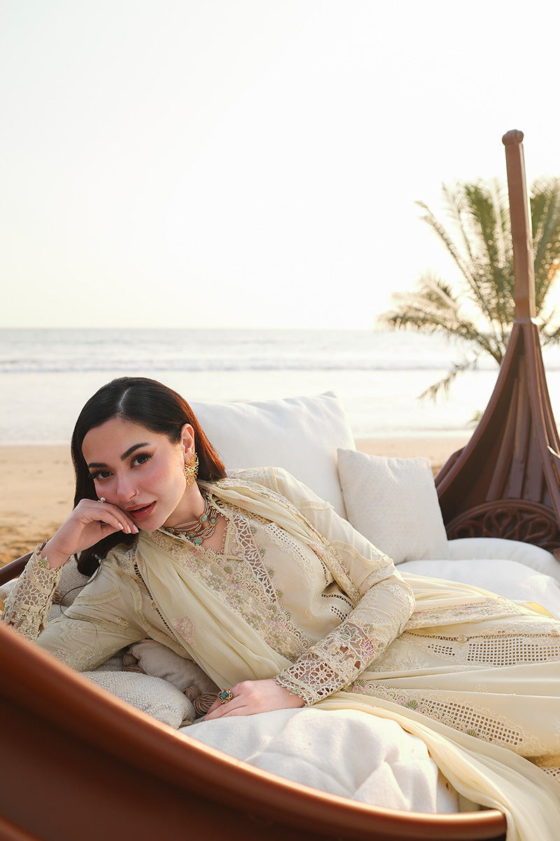 QALAMQAR-3PC LAWN LASERCUTWORK EMBROIDERED SHIRT WITH KHAADI NET EMBROIDERED DUPATTA AND TROUSER -BIC-4785