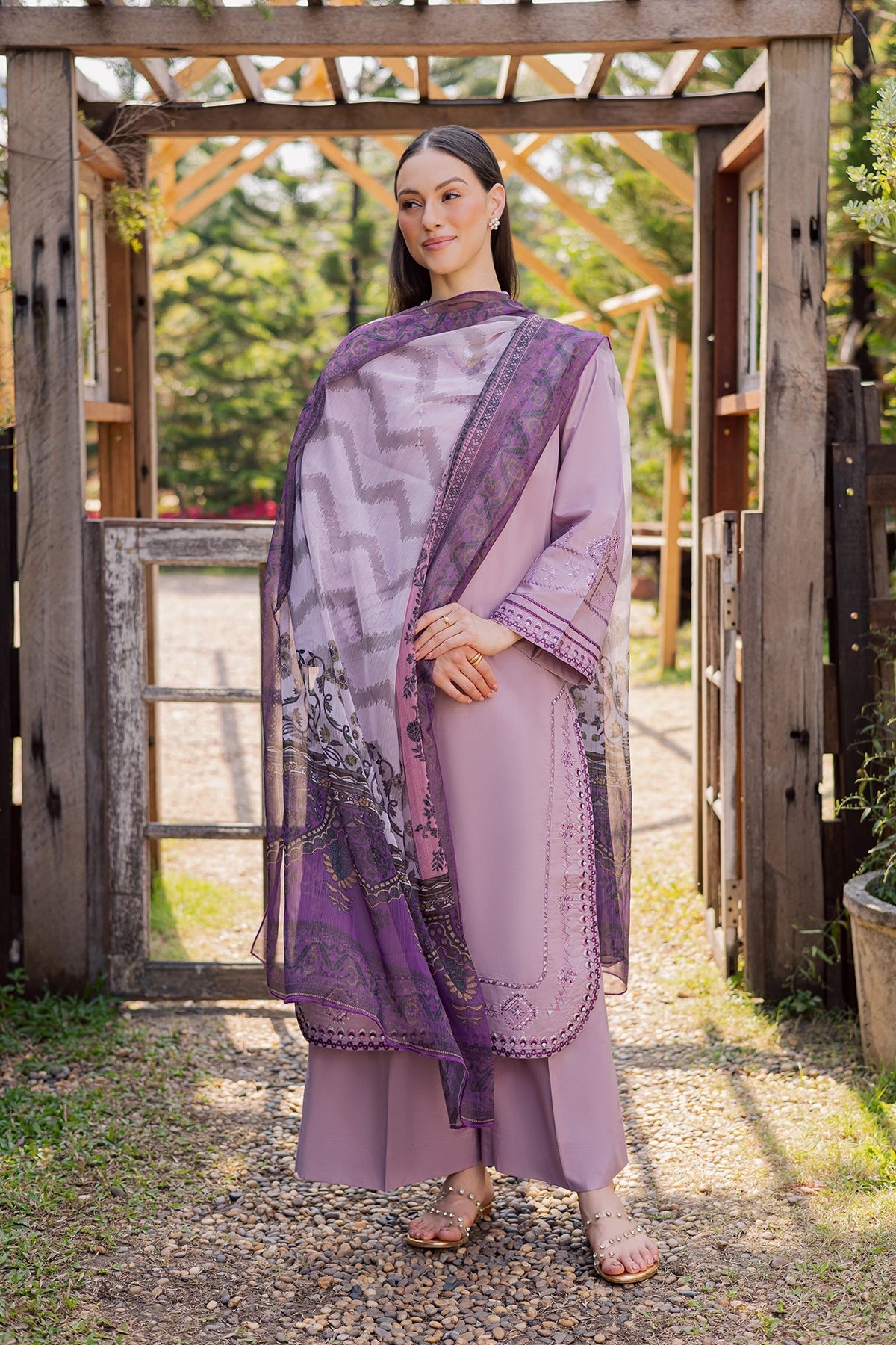 GARNET-3PIECE LAWN EMBROIDERED SHIRT WITH CHIFFON PRINTED DUPATTA AND TROUSER-BIC-4856