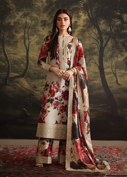 ZAINAB CHOTANI-3PC SHAMOZ SILK PRINT EMBROIDERED SHIRT WITH SOFT SILK PRINT EMBROIDERED DUPATTA & EMB SILK TROUSER BIC-1706