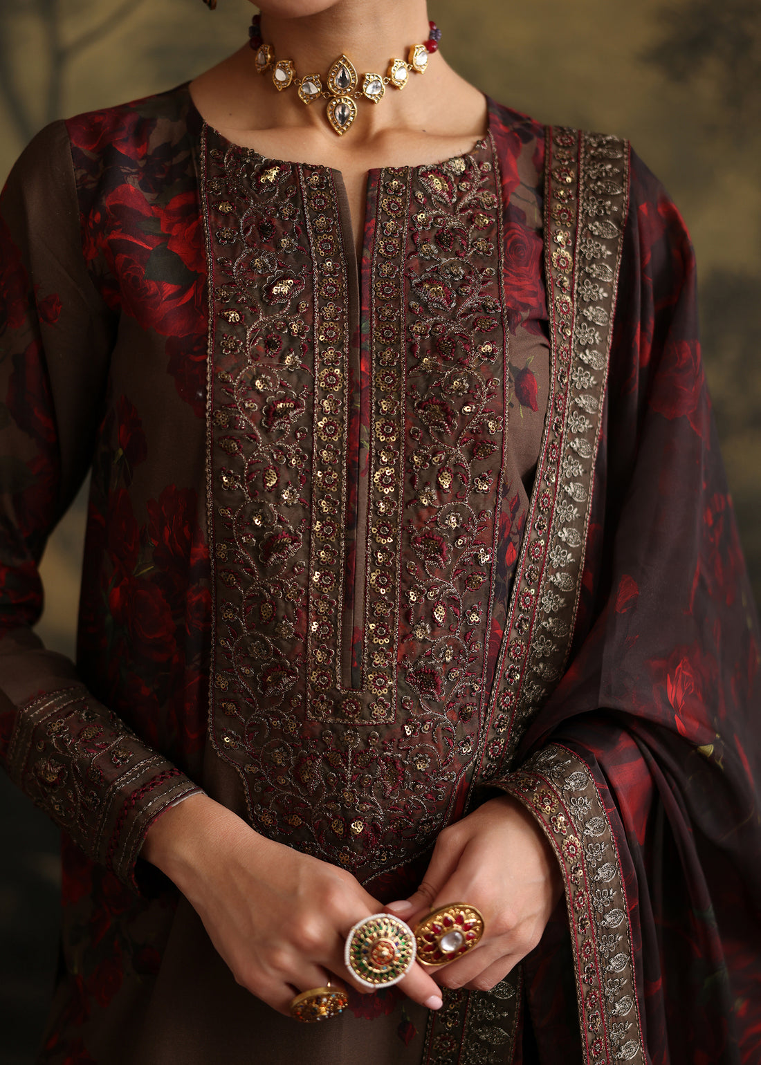 ZAINAB CHOTANI-3PC SHAMOZE SILK PRINTED EMBROIDERED SHIRT WITH SOFT SILK PRINTED EMB DUPATTA & EMB TROUSER BIC-