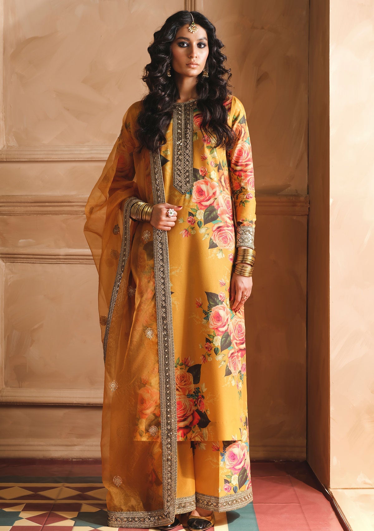 ZAINAB CHOTANI-3PC SHAMOZE SILK PRINTED EMBROIDERED SHIRT WITH SOFT SILK PRINTED EMB DUPATTA & EMB TROUSER BIC-1726