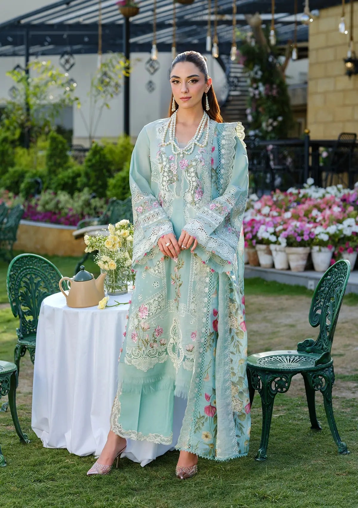 ELAF-3PC LAWN CHIKANKAARI EMBROIDERED SHIRT WITH CHIFFON PRINTED DUPATTA AND TROUSER-BIC-4757