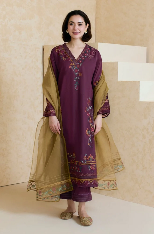 ZARA SHAHJAHAN - 3PC LAWN EMBROIDERED SHIRT WITH ORGANZA EMBROIDERED DUPATTA AND TROUSER -BIC-3826