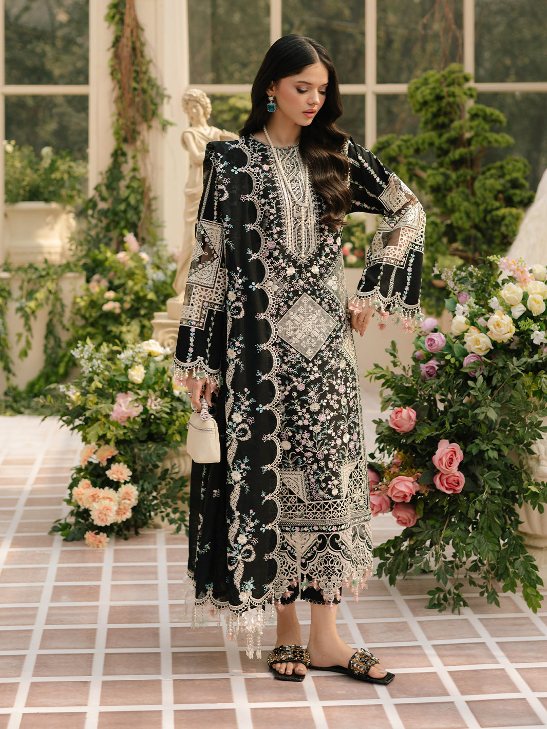 BIN ILYAS-3PC LAWN HEAVY EMBROIDERED SHIRT WITH KHADDI NET EMBROIDERED DUPATTA & LAWN TOUSER-BIC-4725