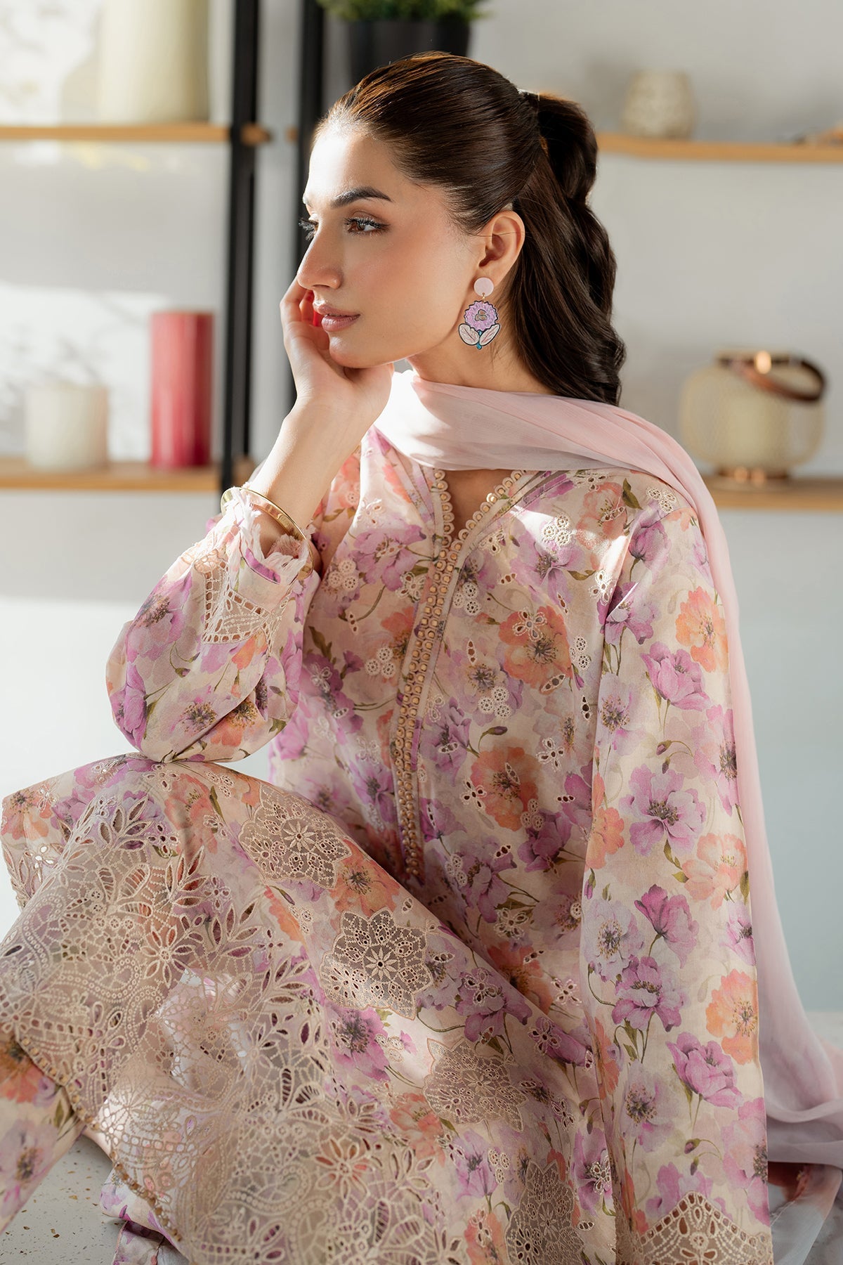 BAROUQE-3PC LAWN SCHIFFLI EMBROIDERED PRINTED SHIRT WITH SILK PRINT DUPATTA AND PRINT TROUSER-