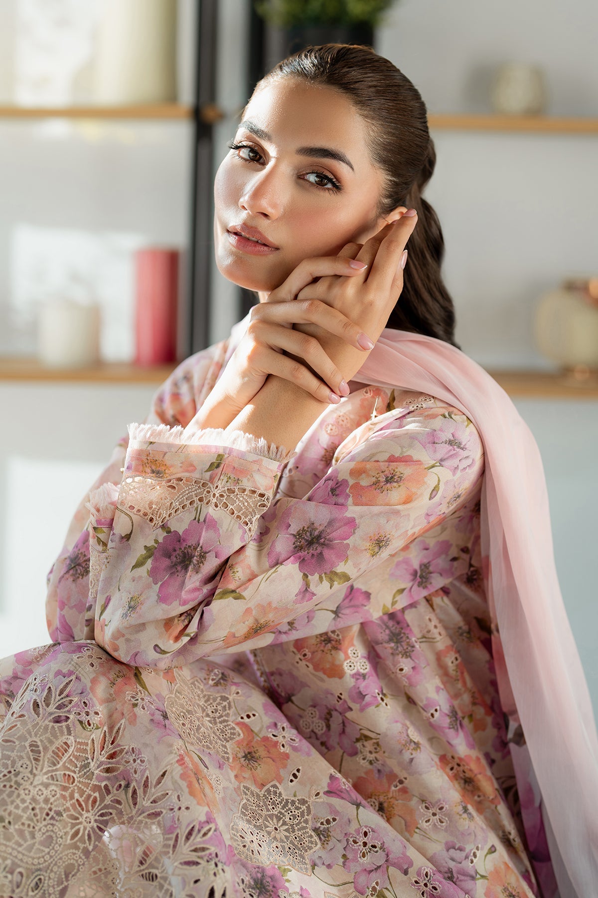 BAROUQE-3PC LAWN SCHIFFLI EMBROIDERED PRINTED SHIRT WITH SILK PRINT DUPATTA AND PRINT TROUSER-