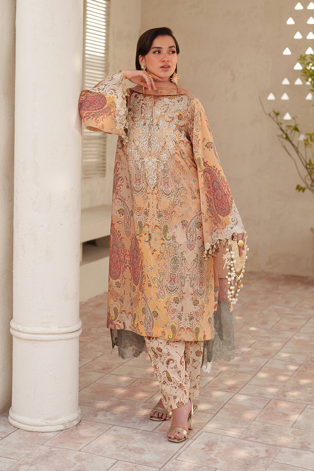 BAROQUE-3PC LAWN DIGITAL PRINTED EMB SHIRT WITH SILK PRINTED EMB DUPATTA AND PRINTED TROUSER-BIC-014