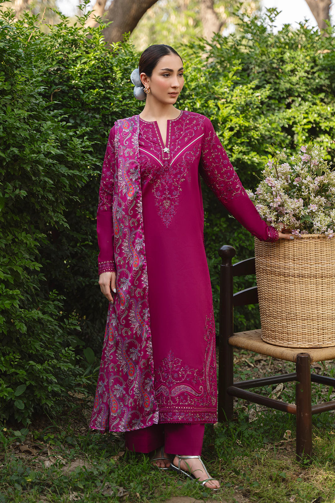 MANNAT-3PC DHANAK EMBROIDERED SHIRT WITH WOOL PRINTED SHAWL AND TROUSER-BIC-5219