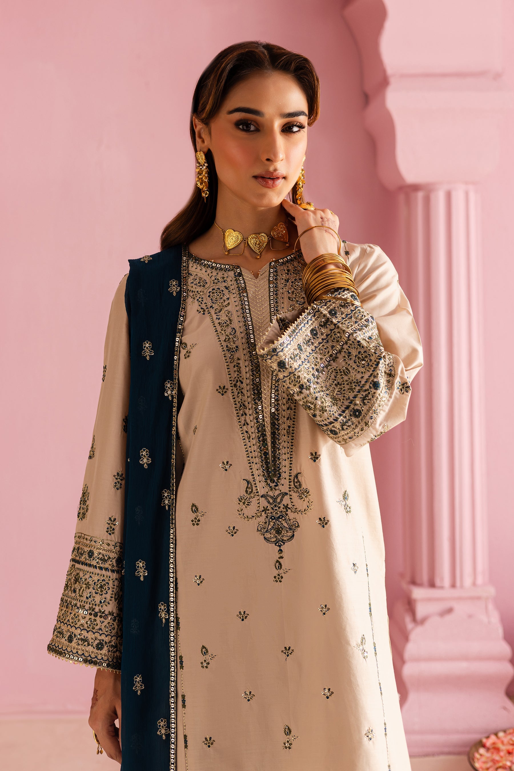 MUSHQ-3PC DHANAK EMBROIDERED SHIRT WITH DHANAK EMBROIDERED SHAWL & EMB TROUSER-BIC-4162
