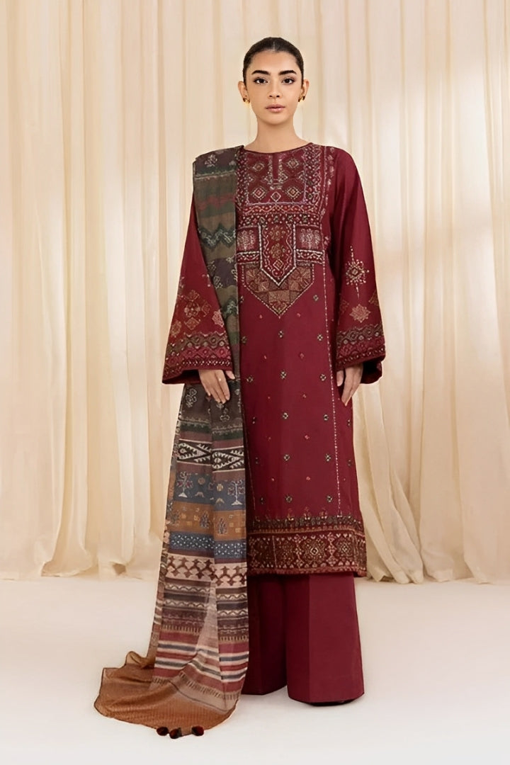 SAPPHIRE-3PC DHANAK EMBROIDERED SHIRT WITH COURTRAI WOLL PRINTED SHAWL AND TROUSER-BIC-4065