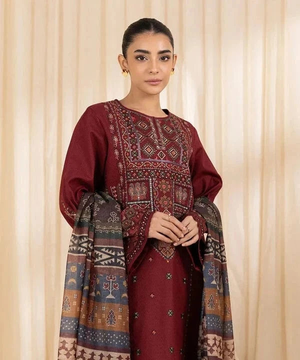 SAPPHIRE-3PC DHANAK EMBROIDERED SHIRT WITH COURTRAI PRINTED SHAWL AND TROUSER-BIC-4065
