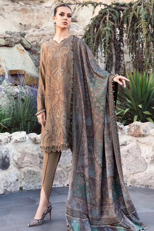 MARIA-B - 3PC DHANAK EMBROIDERED SHIRT WITH WOOL PRINT SHAWL SHAWL AND TROUSER-BIC-1211