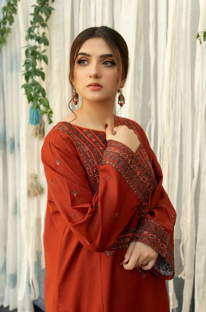 URGE - 3PC DHANAK EMBROIDERED SHIRT WITH COUTURE WOOL PRINT SHAWL AND TROUSER-BIC-2692