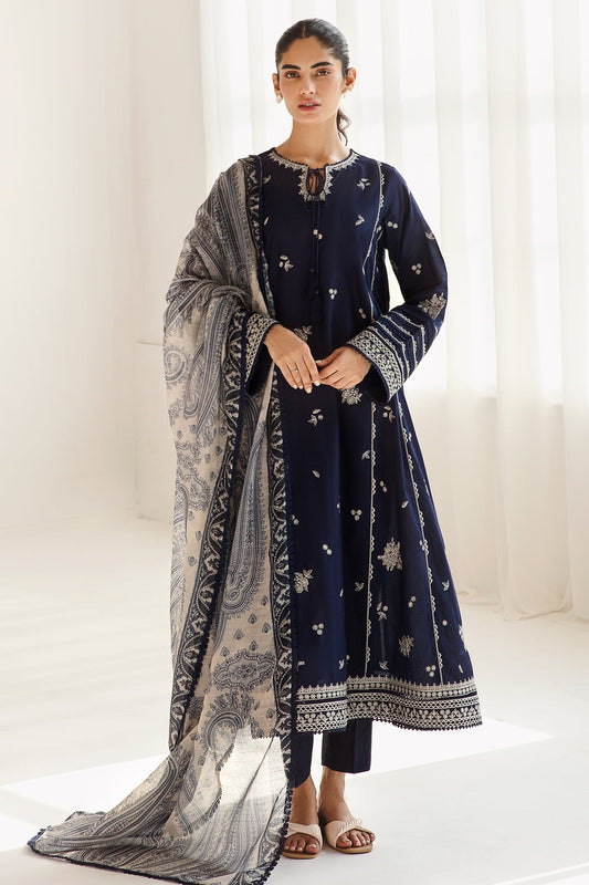 JAZMIN-3PC DHANAK SEQUENCE EMBROIDERED SHIRT WITH COUTRAI PRINTED SHAWL & DHANAK TOUSER-BIC-4182