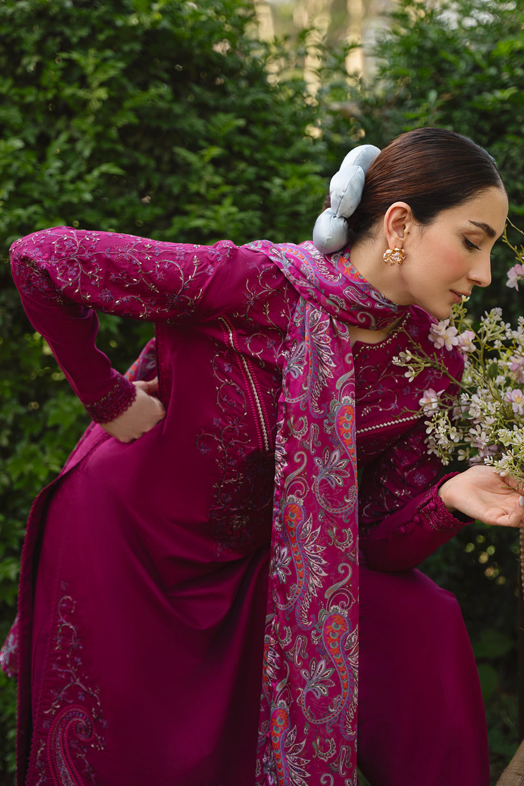 MANNAT-3PC DHANAK EMBROIDERED SHIRT WITH WOOL PRINTED SHAWL AND TROUSER-BIC-5219