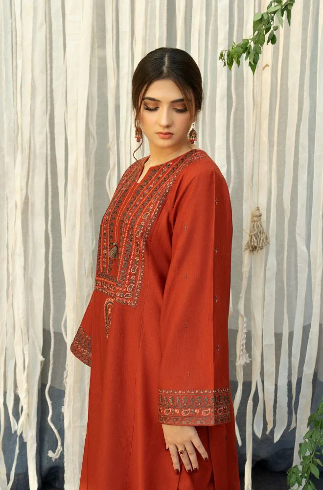 URGE - 3PC DHANAK EMBROIDERED SHIRT WITH COUTURE WOOL PRINT SHAWL AND TROUSER-BIC-2692