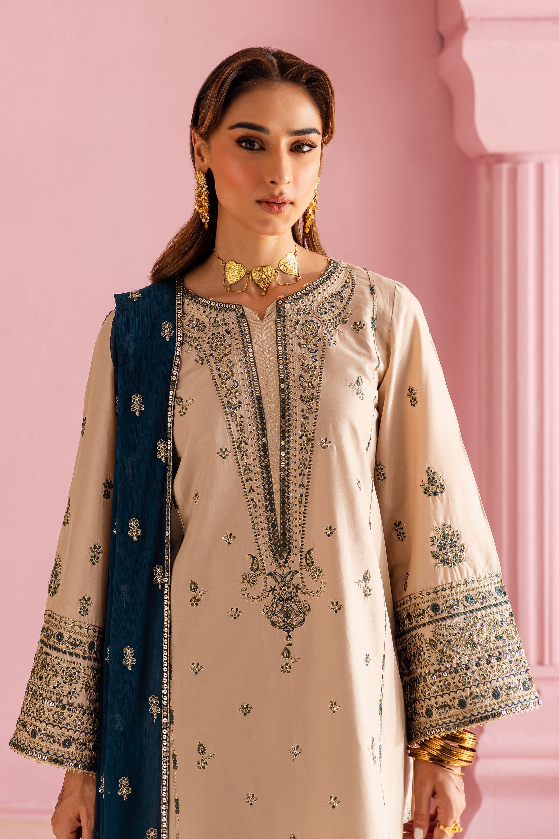 MUSHQ-3PC DHANAK EMBROIDERED SHIRT WITH DHANAK EMBROIDERED SHAWL & EMB TROUSER-BIC-4162
