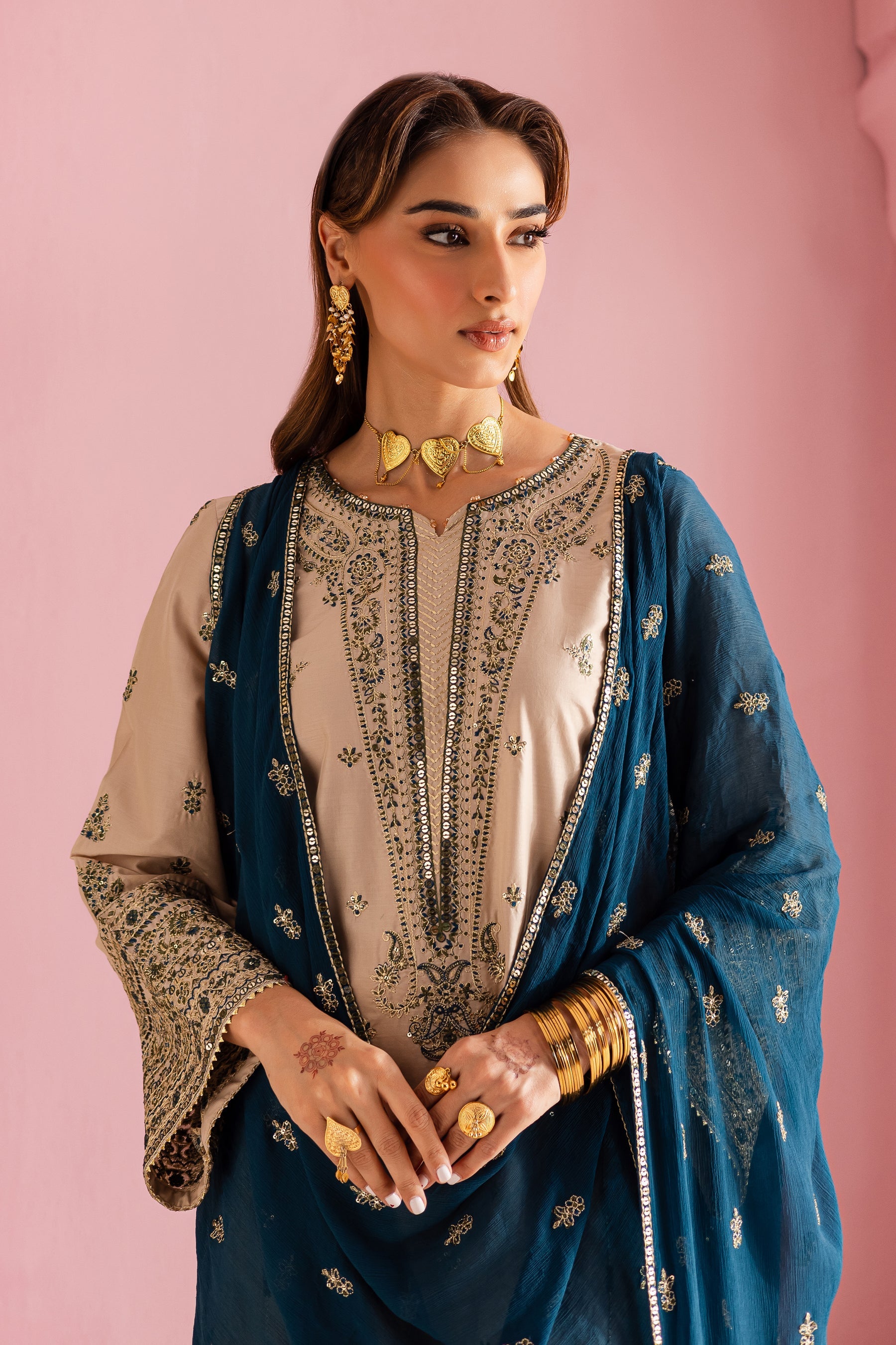 MUSHQ-3PC DHANAK EMBROIDERED SHIRT WITH DHANAK EMBROIDERED SHAWL & EMB TROUSER-BIC-4162