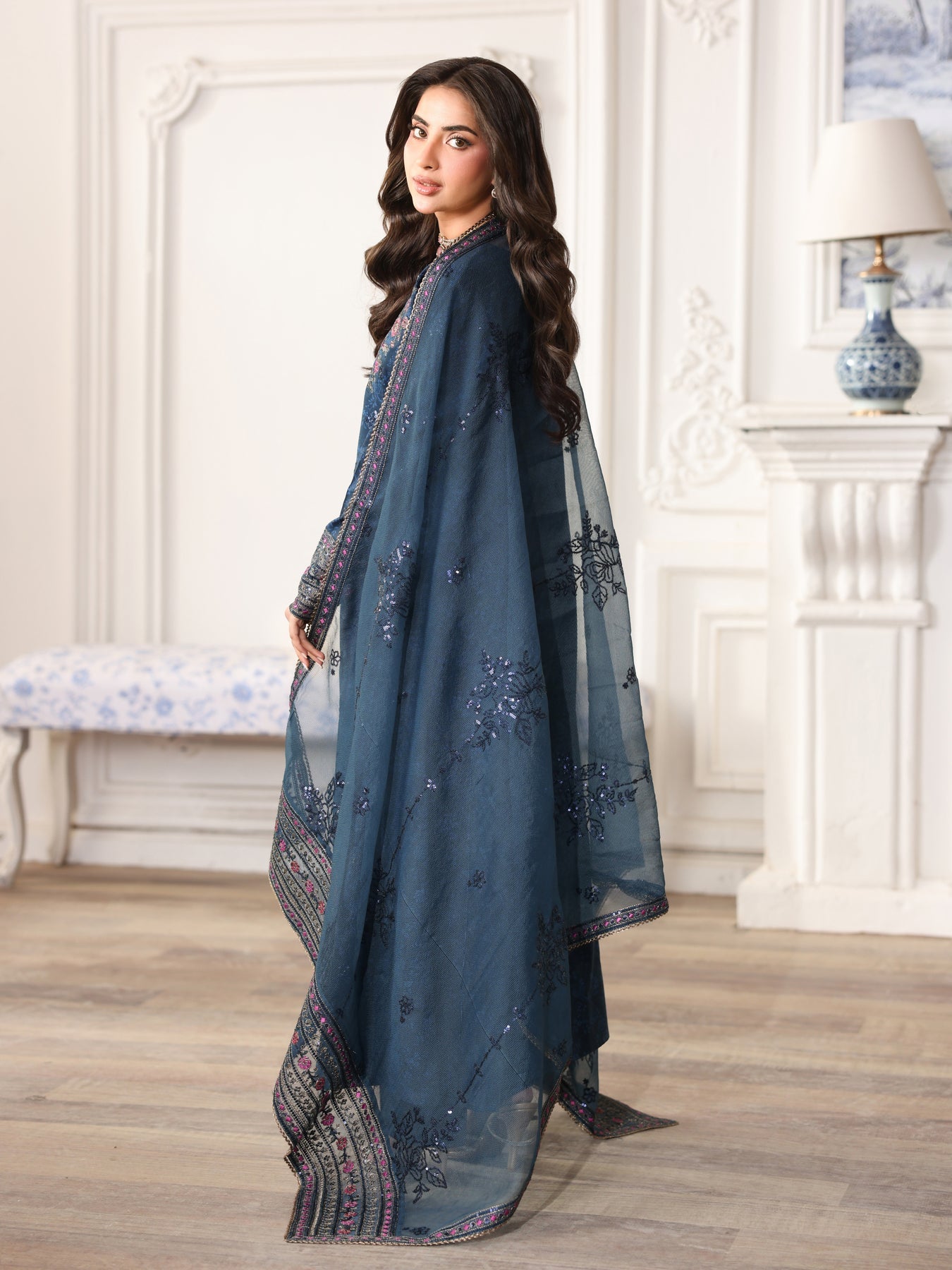 MOHAGNI-3PC LAWN PRINTED EMBROIDERED SHIRT WITH ORGANZA EMBROIDERED DUPATTA AND PRINT TROUSER-5