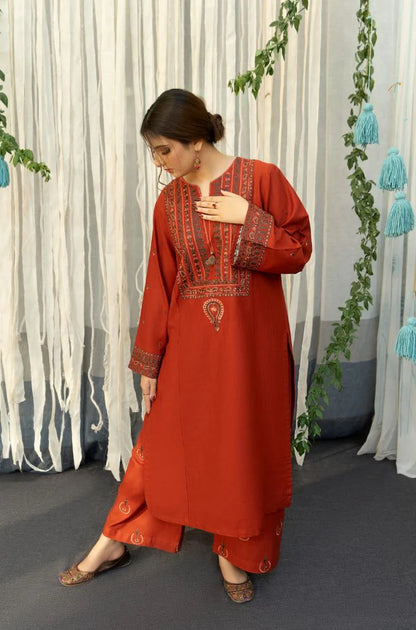 URGE - 3PC DHANAK EMBROIDERED SHIRT WITH COUTURE WOOL PRINT SHAWL AND TROUSER-BIC-2692