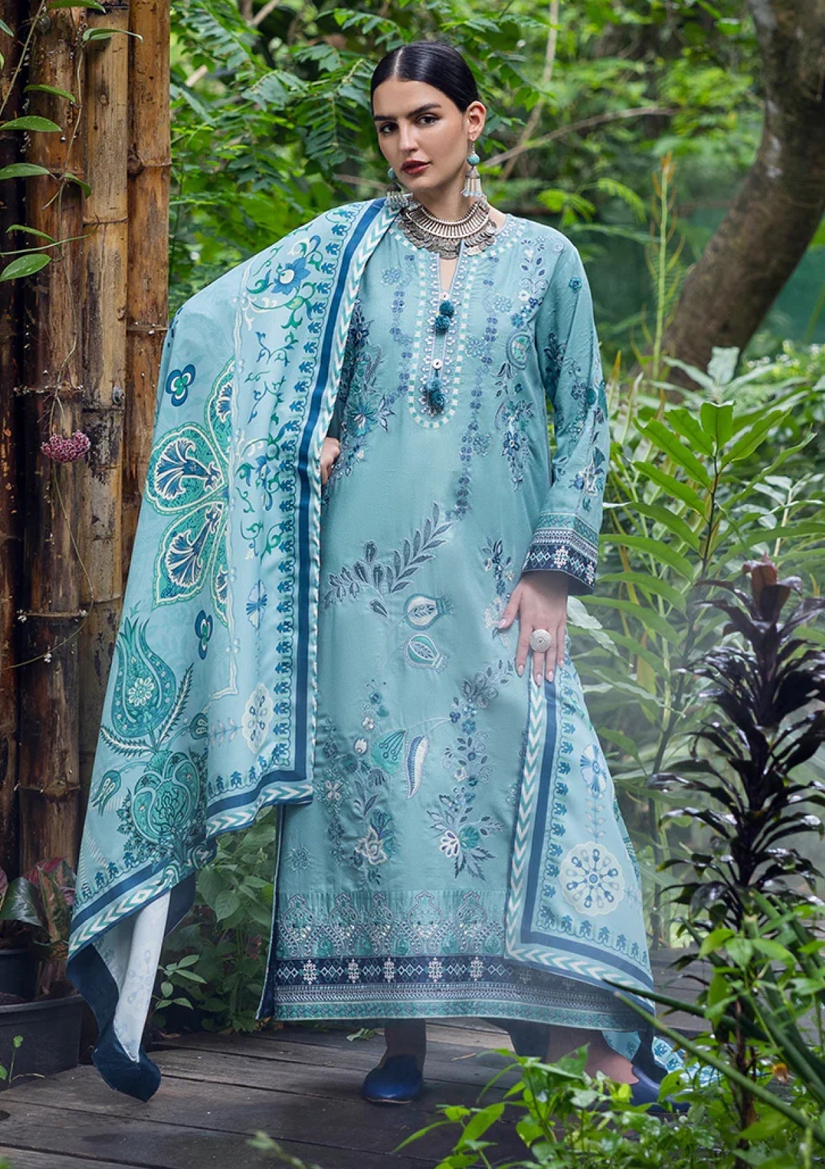 MUSHQ-3PC DHANAK EMBROIDERED SHIRT WITH WOOL PRINTED SHAWL AND TROUSER -BIC-5180