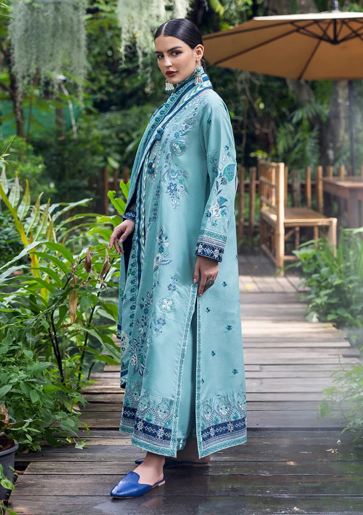 MUSHQ-3PC DHANAK EMBROIDERED SHIRT WITH WOOL PRINTED SHAWL AND TROUSER -BIC-5180