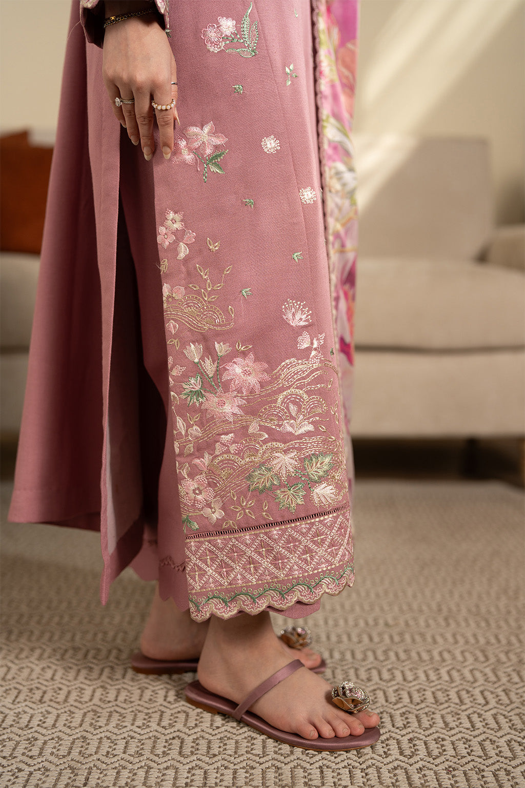 JAZMIN-3PC DHANAK EMBROIDERED SHIRT WITH WOOL PRINTED SHAWL AND TROUSER-BIC-5023