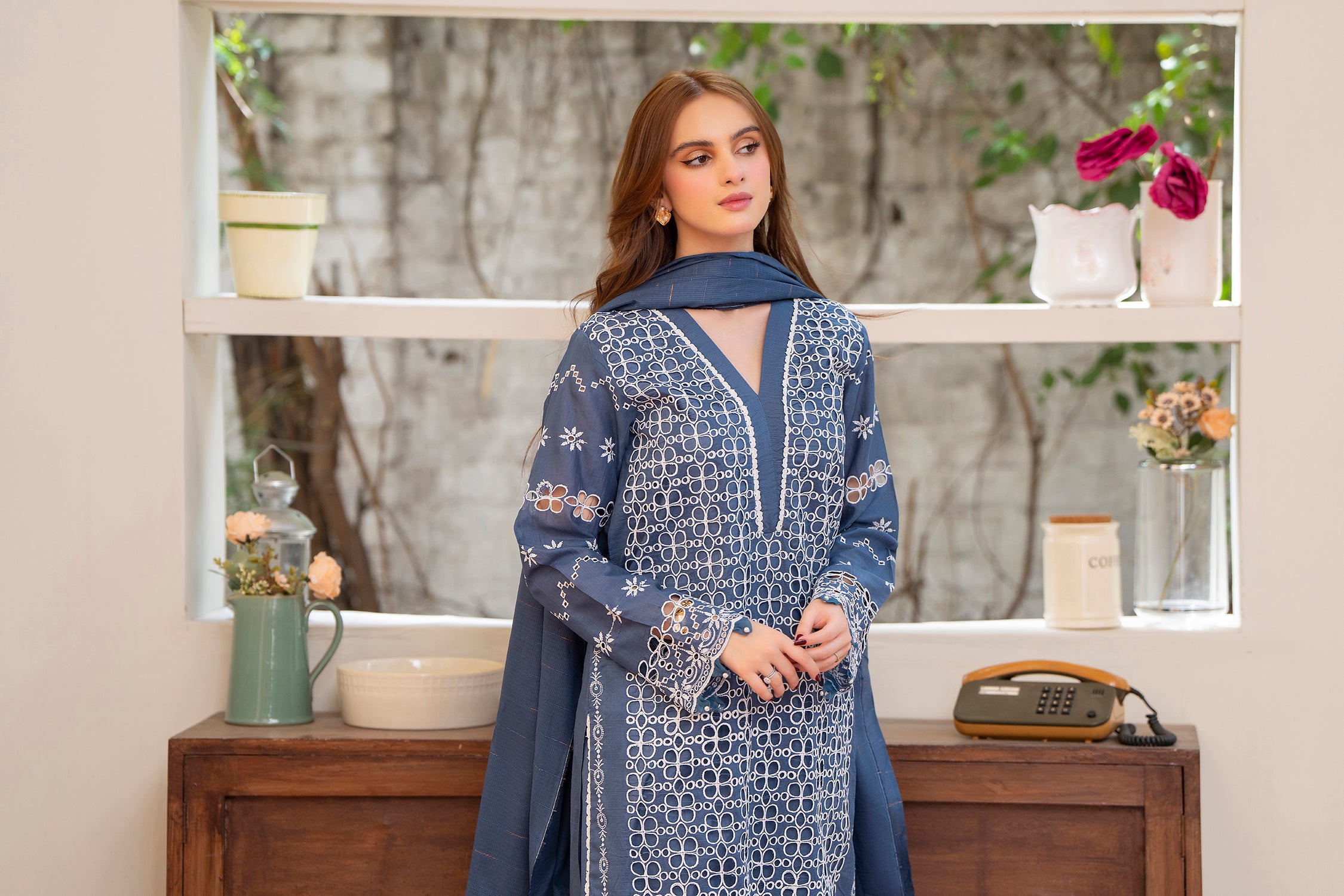 MIRAKHI-3PC LAWN CHIKENKARI EMBROIDERED SHIRT WITH LAWN TUBE SLUB DUPATTA-BIC-6600