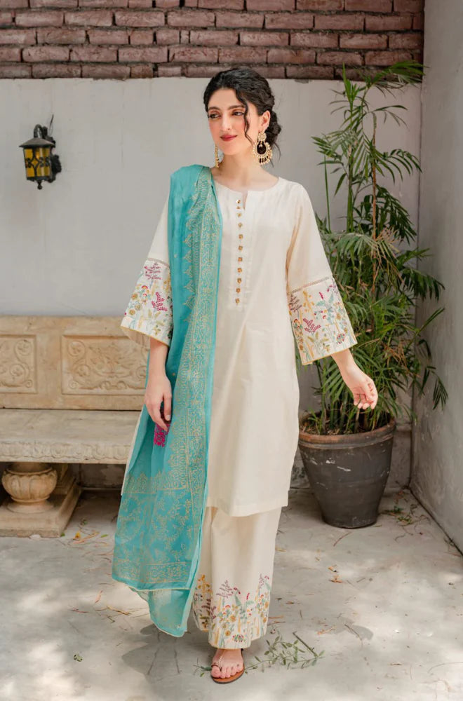 AISLING - 3PC DHANAK EMBROIDERED SHIRT WITH COUTURE WOOL PRINT SHAWL AND EMB TROUSER-BIC-3116