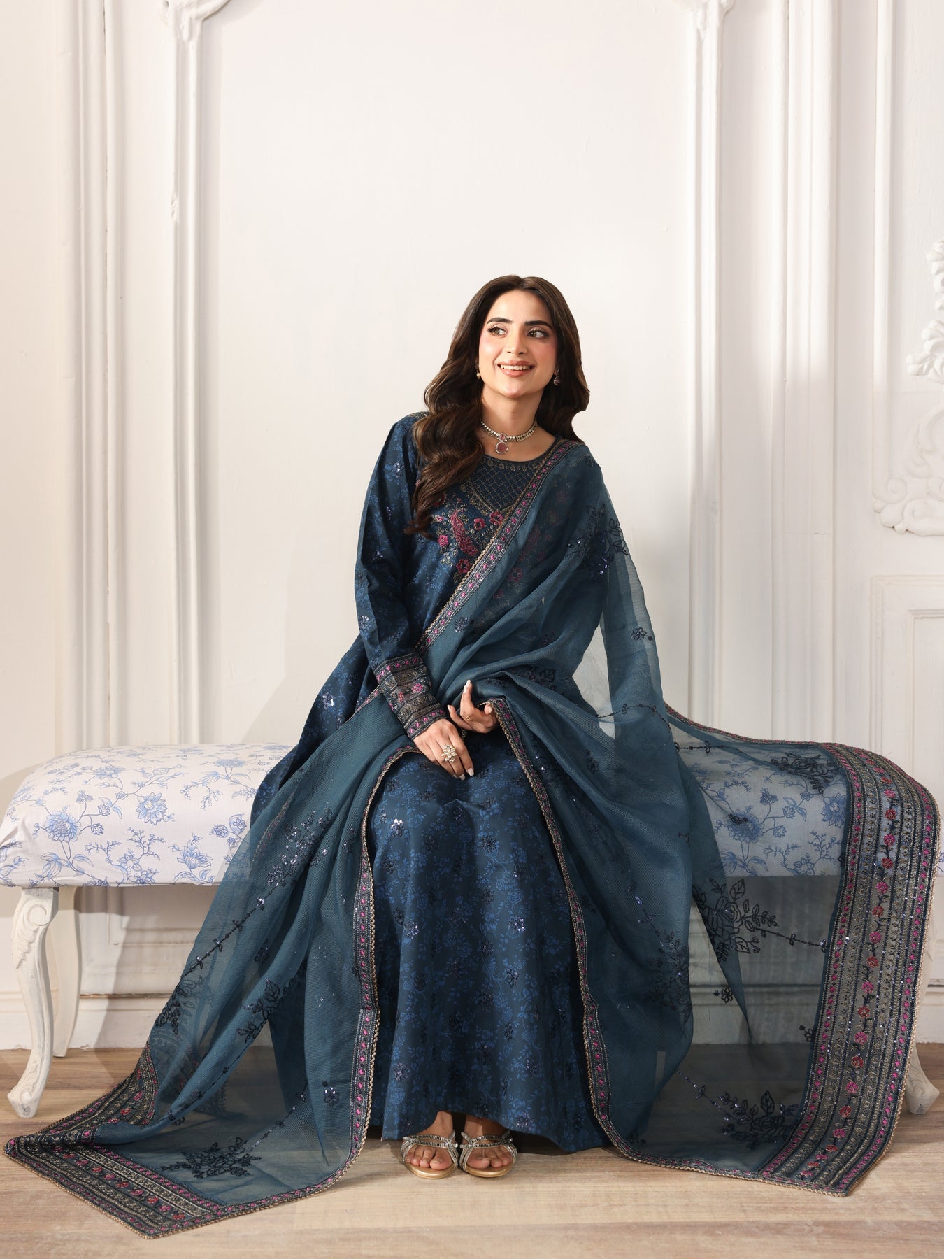 MOHAGNI-3PC LAWN PRINTED EMBROIDERED SHIRT WITH ORGANZA EMBROIDERED DUPATTA AND PRINT TROUSER-5